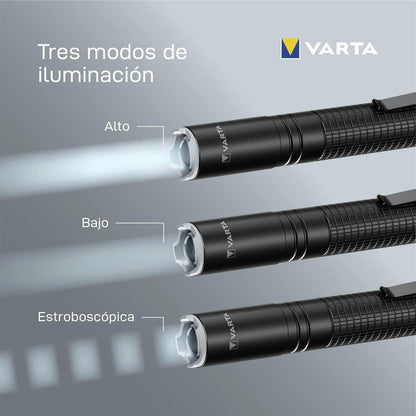 VARTA Aluminium F10 Pro LED Flashlight (incl. 2X Longlife Power AAA Batteries for everyday-use, 150 lumens, shock proof, 3 years guarantee) black for household, camping, outdoor