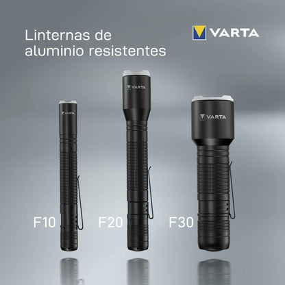 VARTA Aluminium F10 Pro LED Flashlight (incl. 2X Longlife Power AAA Batteries for everyday-use, 150 lumens, shock proof, 3 years guarantee) black for household, camping, outdoor
