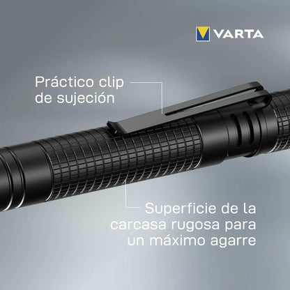 VARTA Aluminium F10 Pro LED Flashlight (incl. 2X Longlife Power AAA Batteries for everyday-use, 150 lumens, shock proof, 3 years guarantee) black for household, camping, outdoor