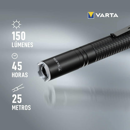 VARTA Aluminium F10 Pro LED Flashlight (incl. 2X Longlife Power AAA Batteries for everyday-use, 150 lumens, shock proof, 3 years guarantee) black for household, camping, outdoor