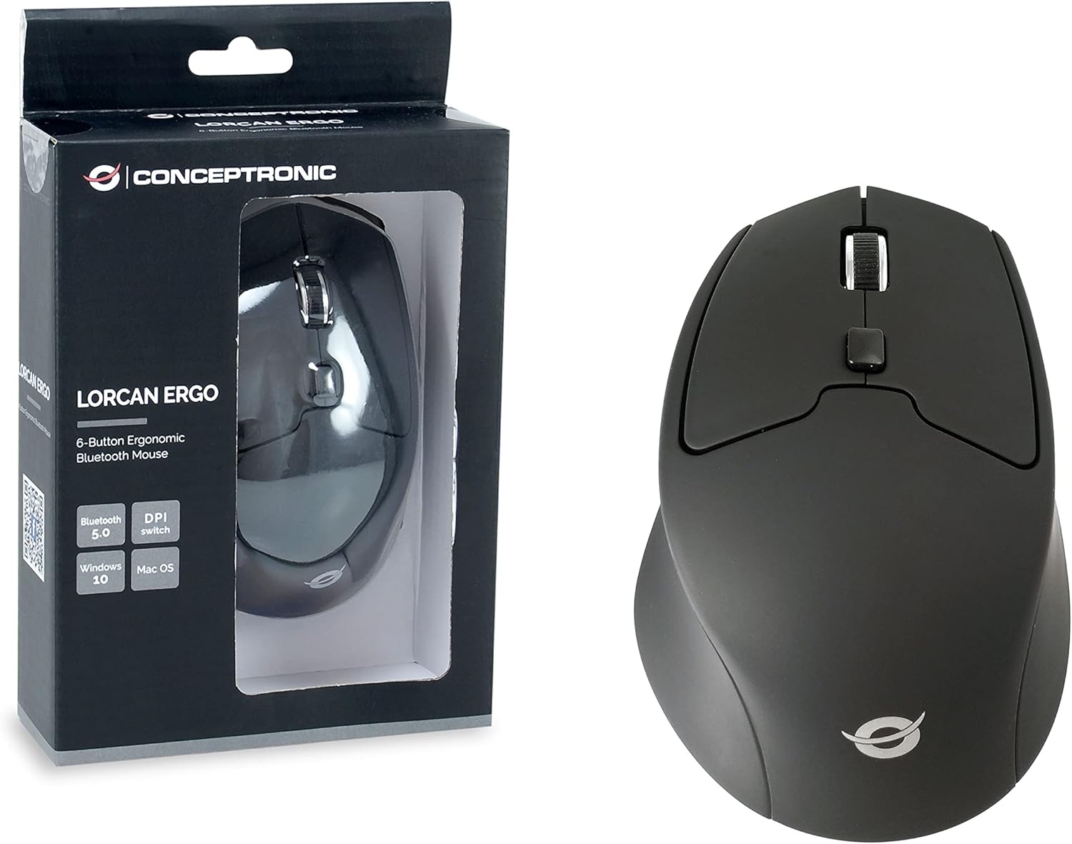 Conceptronic LORCAN02B 6-Button Ergonomic Bluetooth 5.0 Mouse, DPI switch (800/1200/1600), Suitable for right-hand users, Rubberised finishing