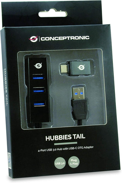 Conceptronic HUBBIES04B 4-Port USB 3.0 Hub and OTG Adapter for USB-C