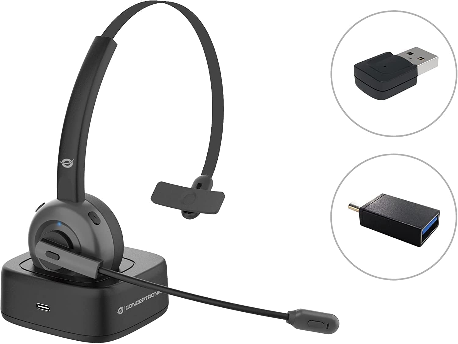 Conceptronic POLONA03BDA Wireless Bluetooth Headset With Charging Dock & Bluetooth Audio Adapter, CVC Noise Cancellation