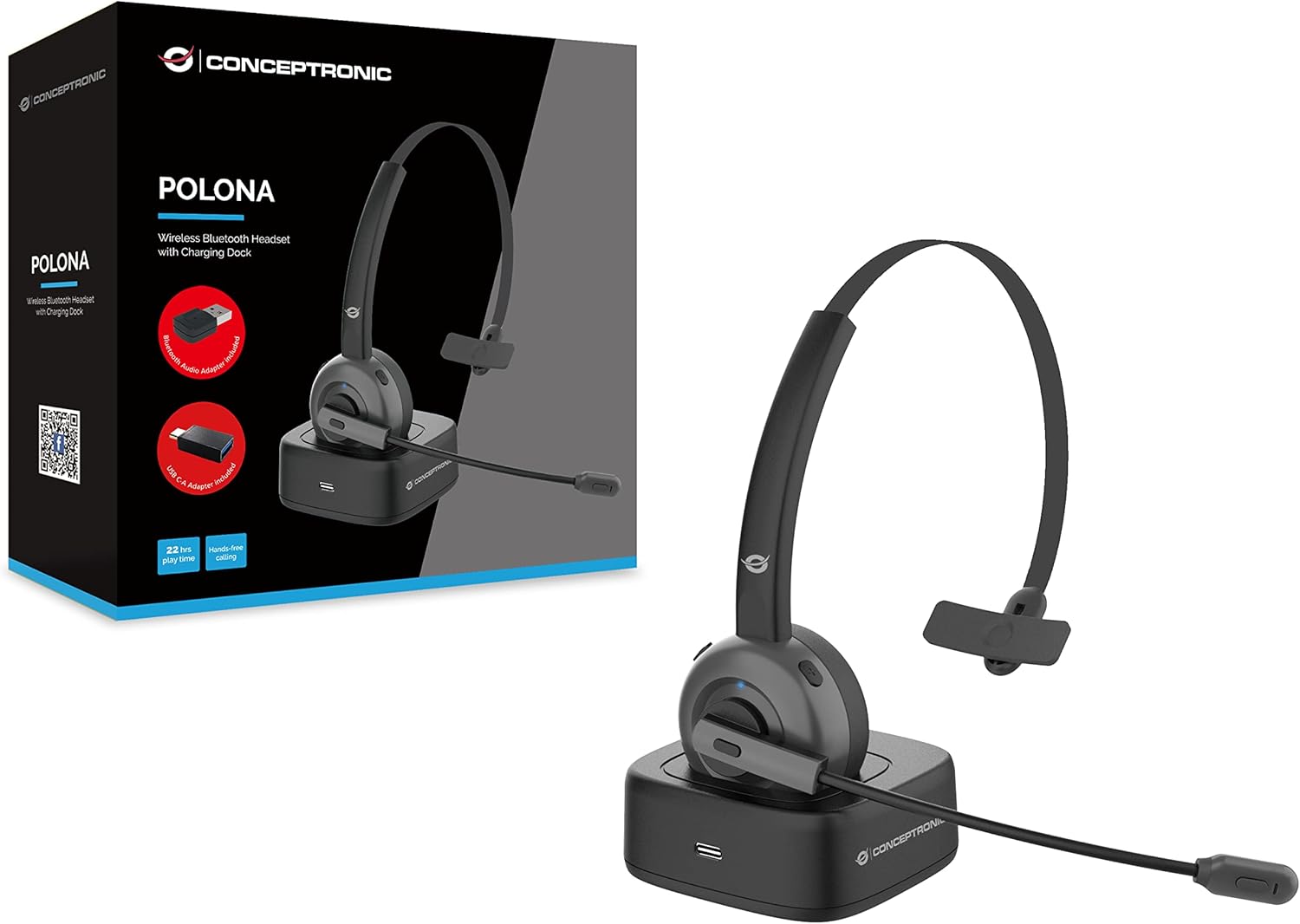 Conceptronic POLONA03BDA Wireless Bluetooth Headset With Charging Dock & Bluetooth Audio Adapter, CVC Noise Cancellation