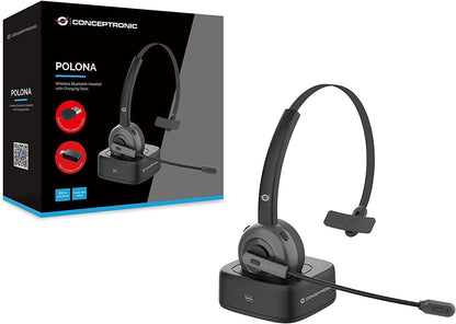Conceptronic POLONA03BDA Wireless Bluetooth Headset With Charging Dock & Bluetooth Audio Adapter, CVC Noise Cancellation