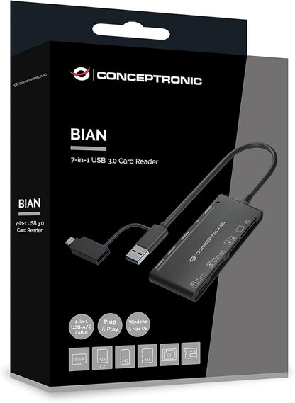 CARD READER EXTERNO USB-C/ USB-A 7EN1 CONCEPTRONIC BIAN03B USB 3.0 SD/SDHC/SDXC MMC MS M2 CT XD MICROSD/TFLASH