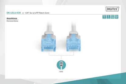 Digitus LAN Cable Cat 5e - 3 m - RJ45 Network Cable - U/UTP Unshielded - Compatible with Cat-6 & Cat-5 - Grey Cat 5e - U/UTP - PVC 3 m - 1 Stück gray