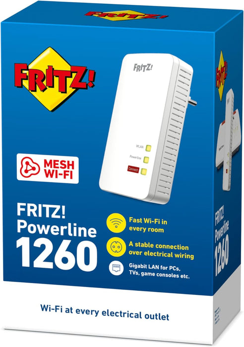 AVM FRITZ!Powerline 1260 WLAN Adattatore singolo / estensore di rete 1.200 MBit/s PLC, conforme a IEEE P1901, 1200 Mbps, base WiFi AC integrata, Mesh, 1 porta Gigabit, versione internazionale