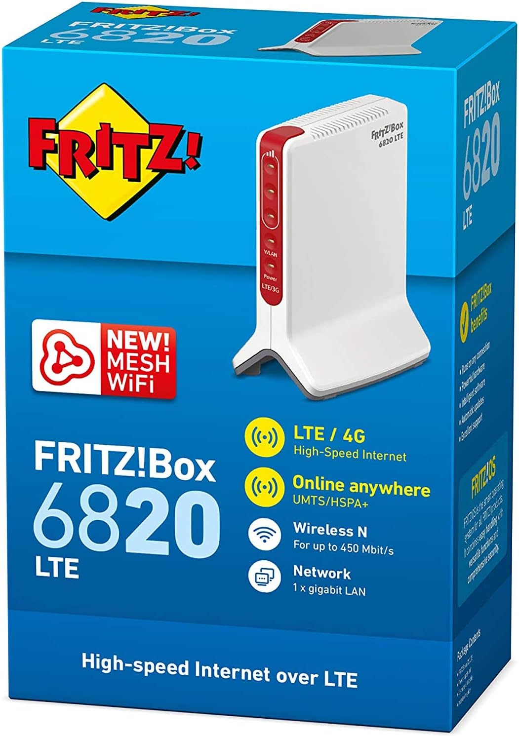 AVM FRITZ!Box 6820 LTE Edition International, Modem Router 4G/3G con Wi-Fi N 450 Mbit/s, 1x LAN Gigabit, SIM Slot, Interfaccia in italiano