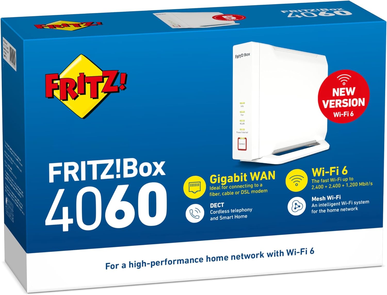 AVM Box 4060 Edition International, Router Wi-Fi 6 Tri Band Fino A 6.000 Mbit, S, Wan A 2.5 Gb, 3X Lan Gb, 1X Usb, Access Point, Mesh, Base Dect, Media Server, Interfaccia In Italiano, Bianco