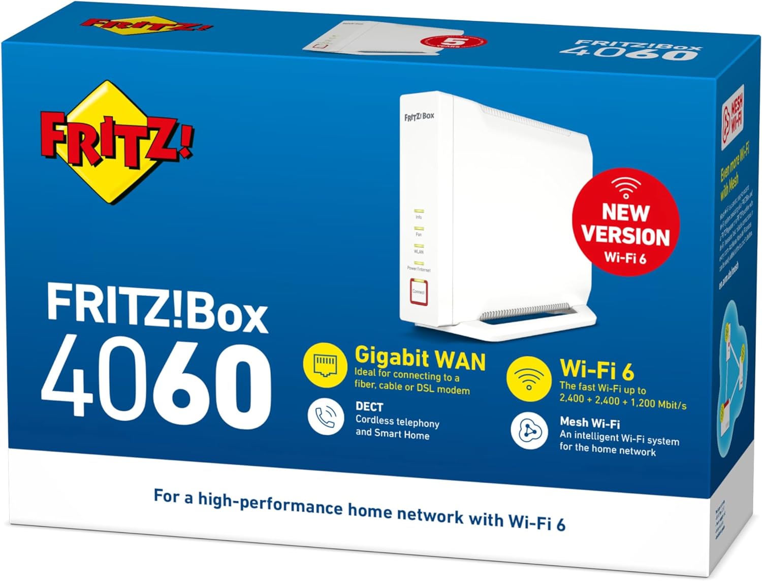 AVM Box 4060 Edition International, Router Wi-Fi 6 Tri Band Fino A 6.000 Mbit, S, Wan A 2.5 Gb, 3X Lan Gb, 1X Usb, Access Point, Mesh, Base Dect, Media Server, Interfaccia In Italiano, Bianco