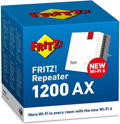 AVM FRITZ!Repeater 1200 AX Edition International, Ripetitore - Wi-Fi 6 extender Dual Band con 2.400 Mbit/s (5 GHz) & 600 Mbit/s (2,4 GHz), Mesh, Access Point, 1x Gigabit LAN, Interfaccia in italiano