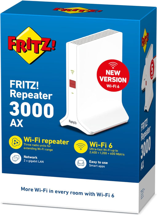 AVM FRITZ!Repeater 3000 Ax Edition International, Ripetitore Wi-Fi 6 Extender Triband Veloce Fino A 4.200 Mbit, S, Mesh, Access Point, 2X Gigabit Lan, Interfaccia In Italiano 20002991, Bianco
