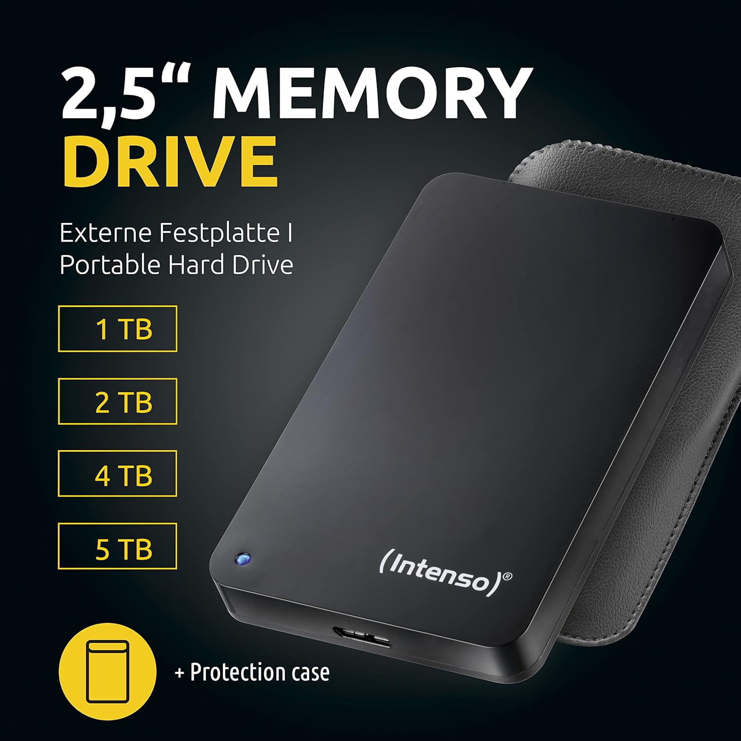 Intenso Memory Drive Portable Hard Drive 4TB, Portable External Hard Drive with Case - 2.5 Inches, 5400 rpm, 8 MB Cache, USB 3.0 Black