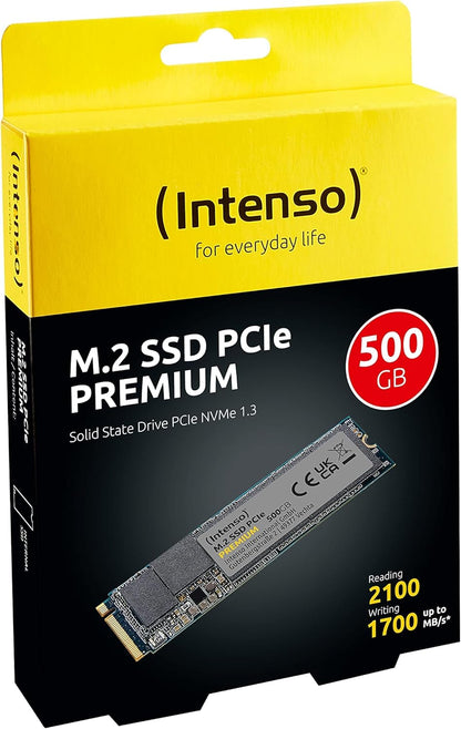 Intenso 500GB M.2 SSD PCIe Premium, up to 2100 MB/s, (PCI Express Gen.3x4 NVMe 1.3, Solid State Drive