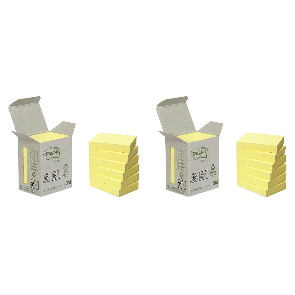 Post-it Recycling Notes Canary Yellow, Pack of 6 Pads, 100 Sheets per Pad, 38 mm x 51 mm, Yellow Color - Self-Stick Notes Made from 100% Recycled Paper Standard Yellow
