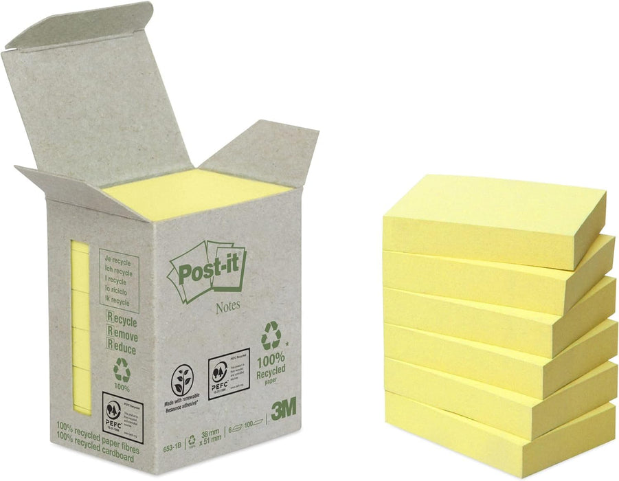 Post-it Recycling Notes Canary Yellow, Pack of 6 Pads, 100 Sheets per Pad, 38 mm x 51 mm, Yellow Color - Self-Stick Notes Made from 100% Recycled Paper Standard Yellow