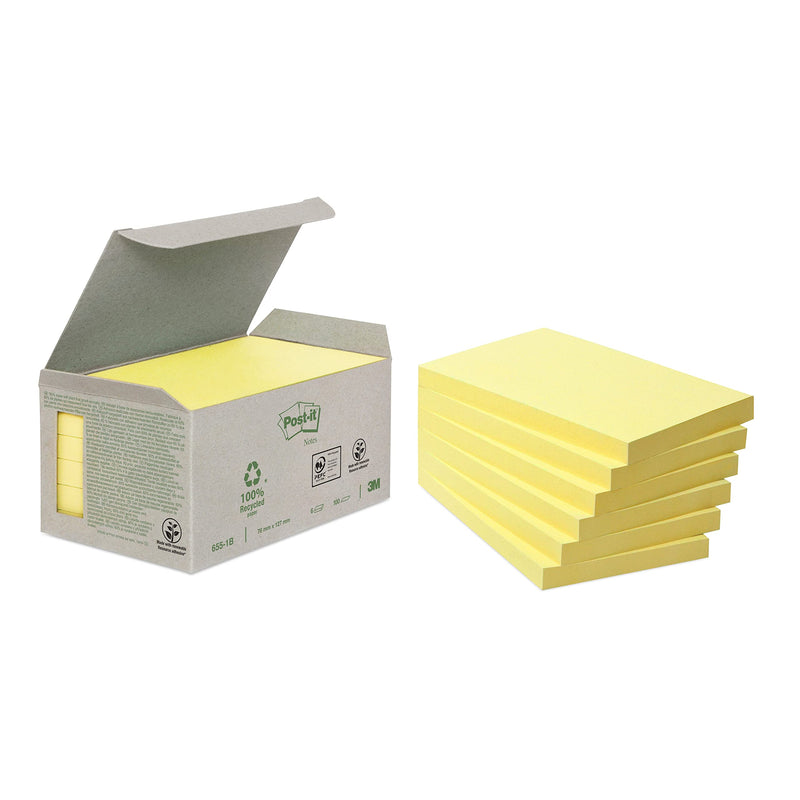 Post-it 655-1B 76mm x 127mm Recycled Notes Pad Tower Pack - Pastel Yellow (Box of 6 , 100 Sheets Per Pad