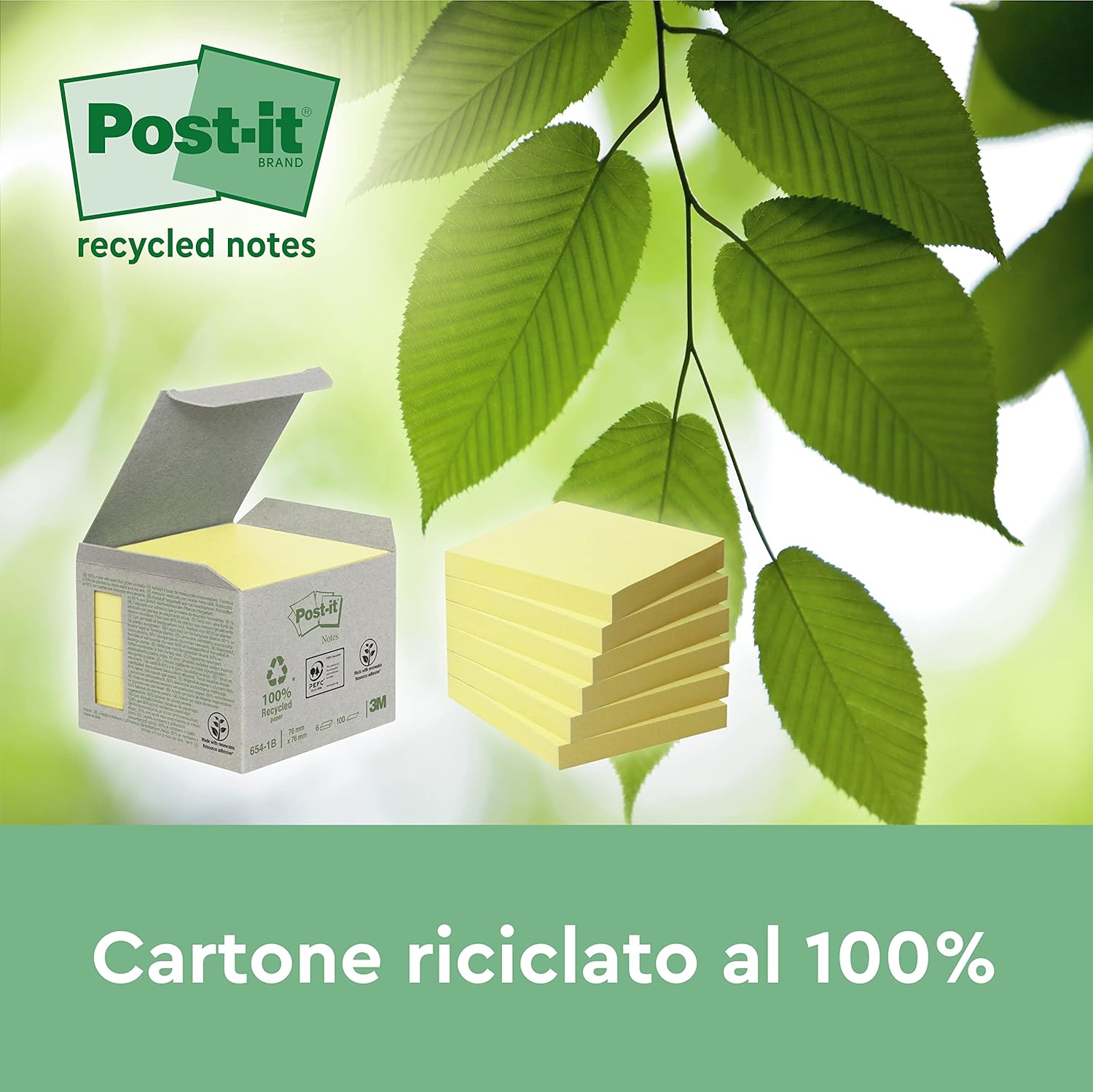 Post-it 655-1B 76mm x 127mm Recycled Notes Pad Tower Pack - Pastel Yellow (Box of 6 , 100 Sheets Per Pad