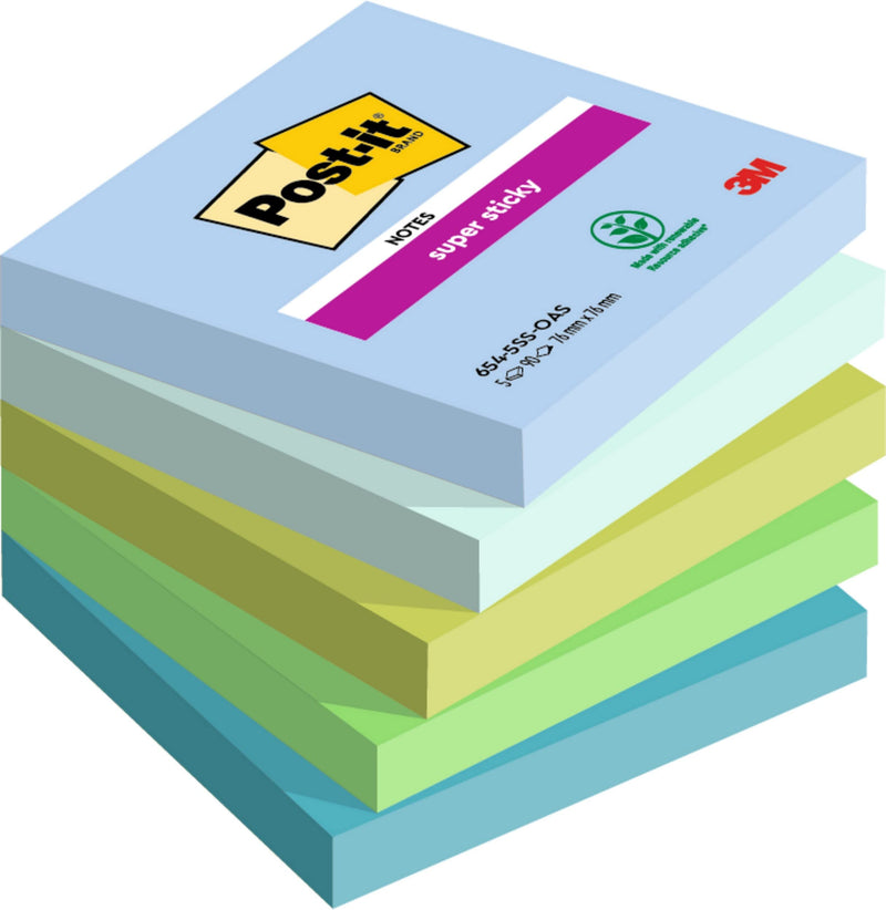 Post-it Super Sticky Notes Oasis Color Collection, Pack of 5 Pads, 90 Sheets per Pad, 76 mm x 76 mm, Blue, Green - Extra Sticky Notes For Note Taking, To Do Lists & Reminders