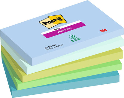 Post-it Super Sticky Notes Oasis Color Collection, Pack of 5 Pads, 90 Sheets per Pad, 76 mm x 127 mm, Blue, Green - Extra Sticky Notes For Note Taking, To Do Lists & Reminders