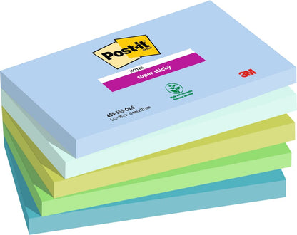 Post-it Super Sticky Notes Oasis Color Collection, Pack of 5 Pads, 90 Sheets per Pad, 76 mm x 127 mm, Blue, Green - Extra Sticky Notes For Note Taking, To Do Lists & Reminders