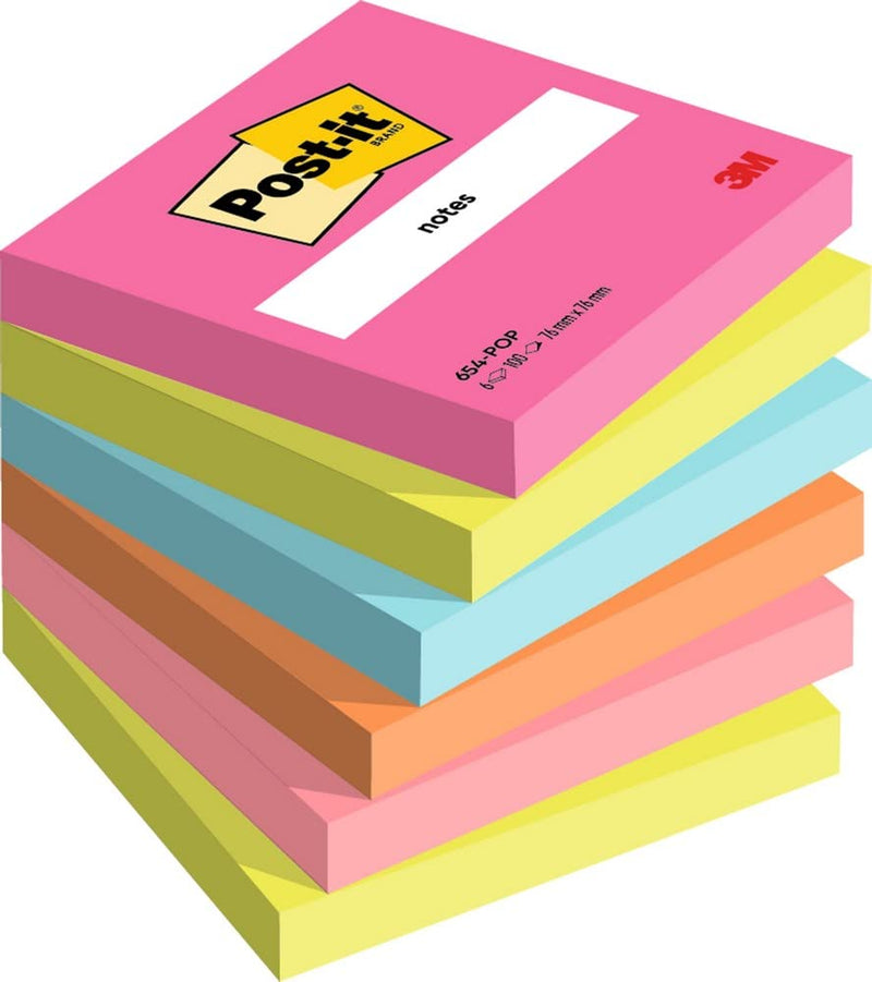 Post-it Notes Poptimistic Color Collection, Pack of 6 Pads, 100 Sheets per Pad,76 mm x 76 mm, Pink, Green, Blue, Orange - Self-stick Notes For Note Taking, To Do Lists & Reminders