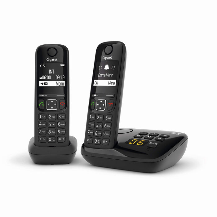 Gigaset AS690A Duo Telefono Cordless, 2 Portatili + Segreteria, Vivavoce Alta Qualità, Tastiera Illuminata ed Ampio Display, Lista Chiamate Fatte, Ricevute e Perse  Nero 2 Portatili + Segreteria