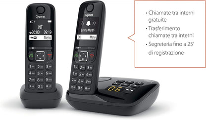 Gigaset AS690A Duo Telefono Cordless, 2 Portatili + Segreteria, Vivavoce Alta Qualità, Tastiera Illuminata ed Ampio Display, Lista Chiamate Fatte, Ricevute e Perse  Nero 2 Portatili + Segreteria