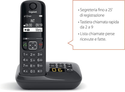 Gigaset AS690A Duo Telefono Cordless, 2 Portatili + Segreteria, Vivavoce Alta Qualità, Tastiera Illuminata ed Ampio Display, Lista Chiamate Fatte, Ricevute e Perse  Nero 2 Portatili + Segreteria