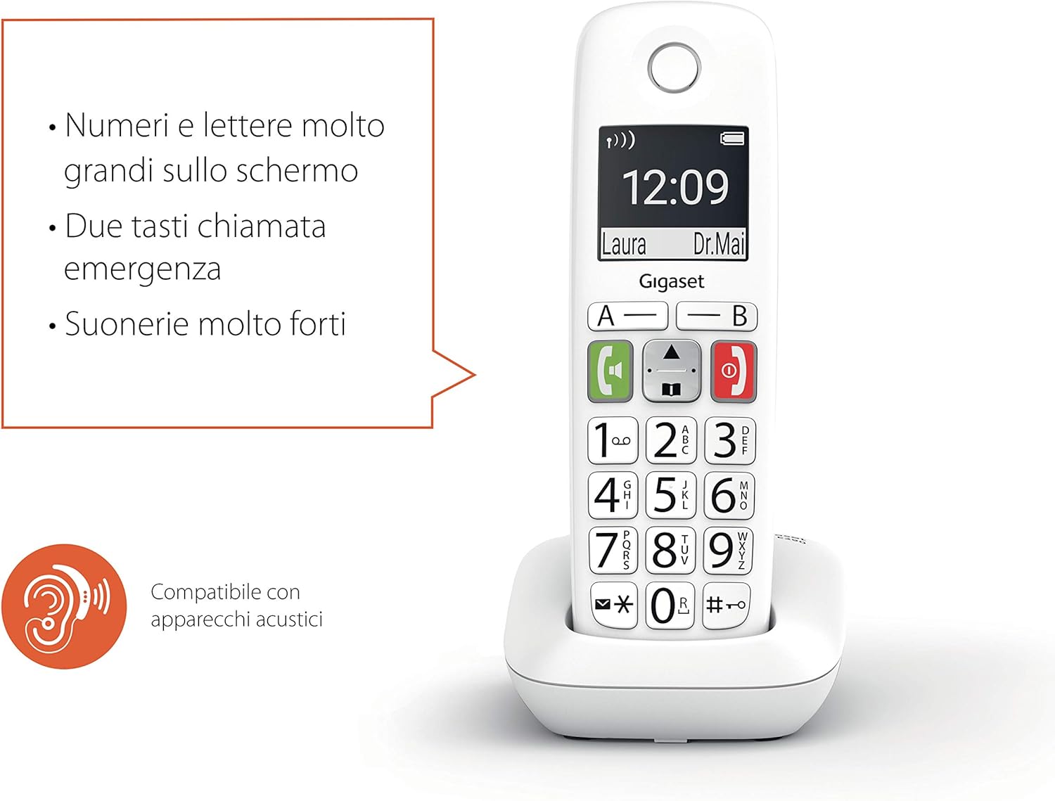 Gigaset E290, Telefono Portatile con Suonerie Forti, Numeri Grandi e Audio Potenziato, Tasti di Chiamata Rapida, Vivavoce con Volume Regolabile, Bianco