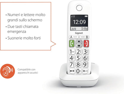 Gigaset E290, Telefono Portatile con Suonerie Forti, Numeri Grandi e Audio Potenziato, Tasti di Chiamata Rapida, Vivavoce con Volume Regolabile, Bianco