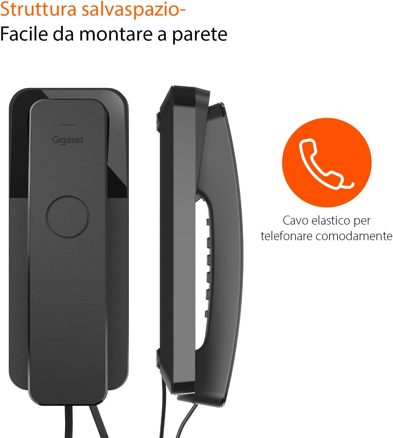 Gigaset Desk 200 - Téléphone Filaire Ultra Compact avec Cordon Extensible - 10 numéros abrégés - Rappel du dernier numéro - Compatible avec Les appareils auditifs, Noir