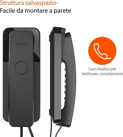 Gigaset Desk 200 - Téléphone Filaire Ultra Compact avec Cordon Extensible - 10 numéros abrégés - Rappel du dernier numéro - Compatible avec Les appareils auditifs, Noir