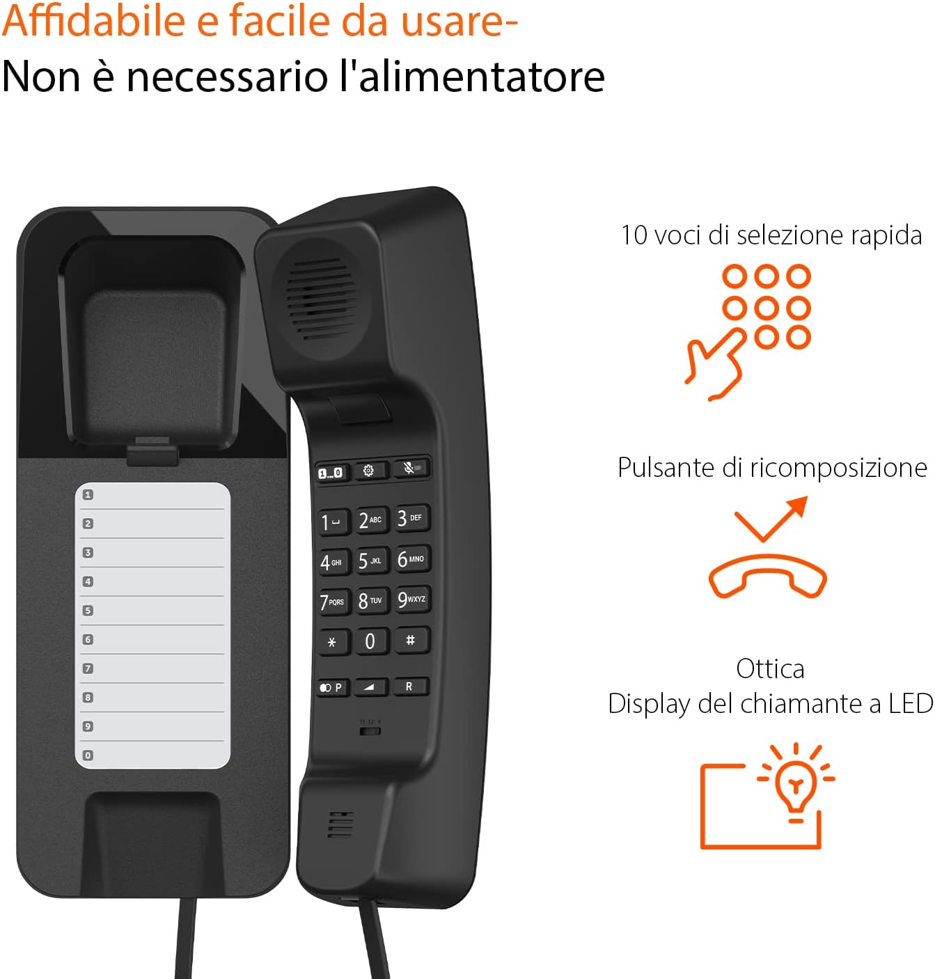 Gigaset Desk 200 - Téléphone Filaire Ultra Compact avec Cordon Extensible - 10 numéros abrégés - Rappel du dernier numéro - Compatible avec Les appareils auditifs, Noir