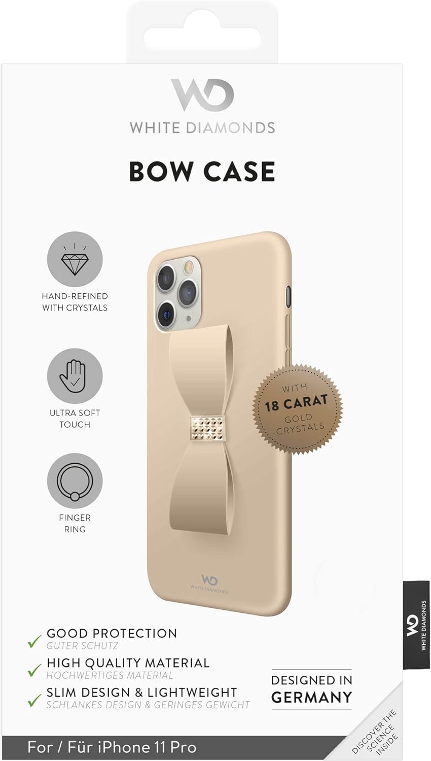 WHITE DIAMONDS - Bow Case for Apple iPhone 11 Pro | Finger Ring, Swarovski Crystals, Silicone Case, Thin (Rose Gold
