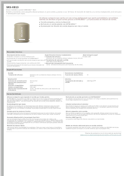 Portable Bluetooth Speakers Sony Srsxb13 5W