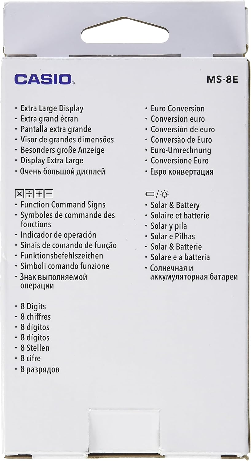 CASIO MS-8E Desktop Calculator 8 Digit Currency Conversion Rubber Feet Quick Correction Button Solar/Battery Operated,silver