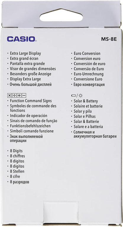 CASIO MS-8E Desktop Calculator 8 Digit Currency Conversion Rubber Feet Quick Correction Button Solar/Battery Operated,silver