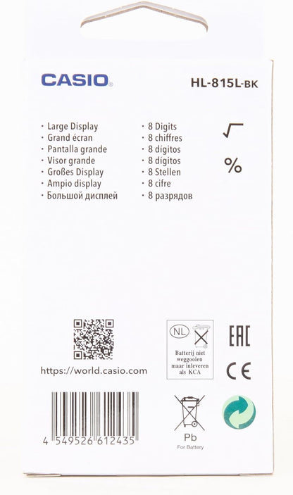 Casio HL-815L Pocket Calculator, 8-Digit Display with Square Root, Black