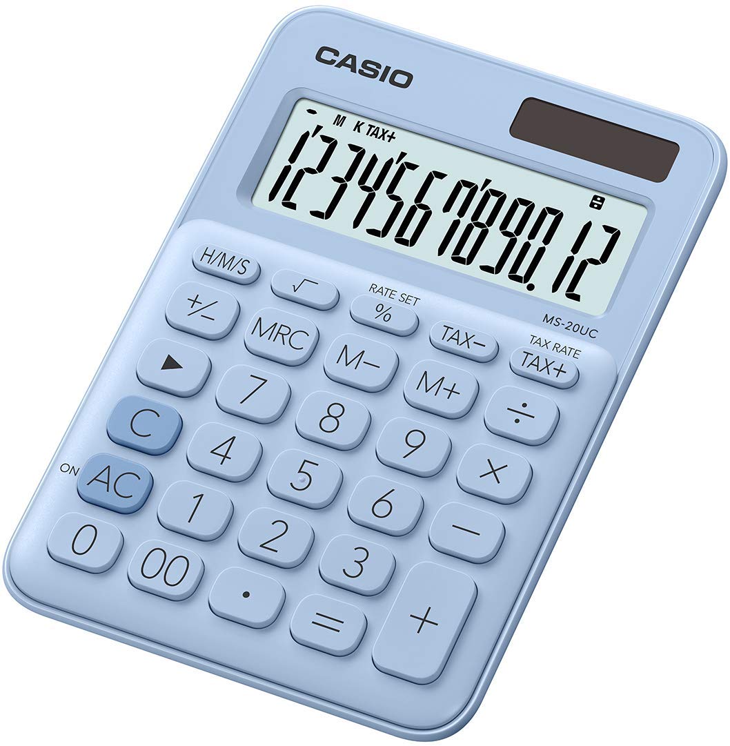 CASIO MS-20UC-LB 12 Digit Desk Calculator in Trendy Colours Tax Calculator Time Conversion Solar/Battery Operated