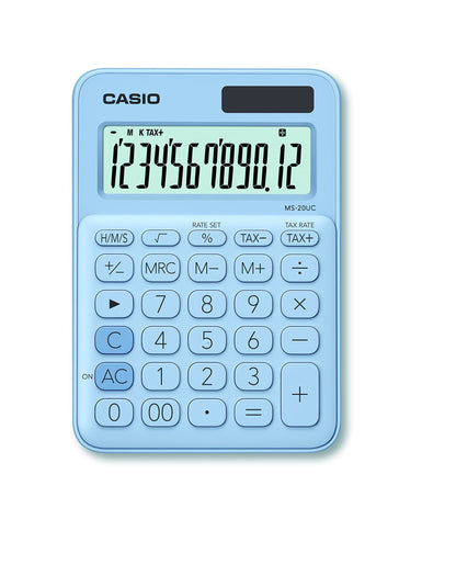 CASIO MS-20UC-LB 12 Digit Desk Calculator in Trendy Colours Tax Calculator Time Conversion Solar/Battery Operated