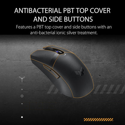 ASUS TUF Gaming M4 Wireless Gaming Mouse, dual wireless modes - Bluetooth/RF 2.4 GHz, 12,000 DPI Optical Sensor, 6 Programmable Buttons, PBT top cover with ASUS Antibacterial Guard