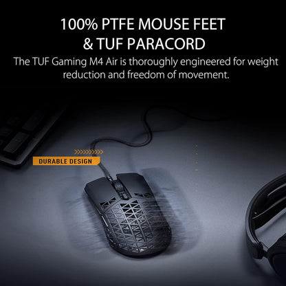 ASUS TUF Gaming M4 Air Wired Gaming Mouse, 16,000 DPI Sensor, 6 Programmable Buttons, Ultralight Air Shell, IPX6 water resistance, ASUS Antibacterial Guard, TUF Gaming Paracord, pure PTFE feet, Black