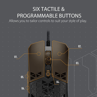 ASUS TUF Gaming M4 Air Wired Gaming Mouse, 16,000 DPI Sensor, 6 Programmable Buttons, Ultralight Air Shell, IPX6 water resistance, ASUS Antibacterial Guard, TUF Gaming Paracord, pure PTFE feet, Black