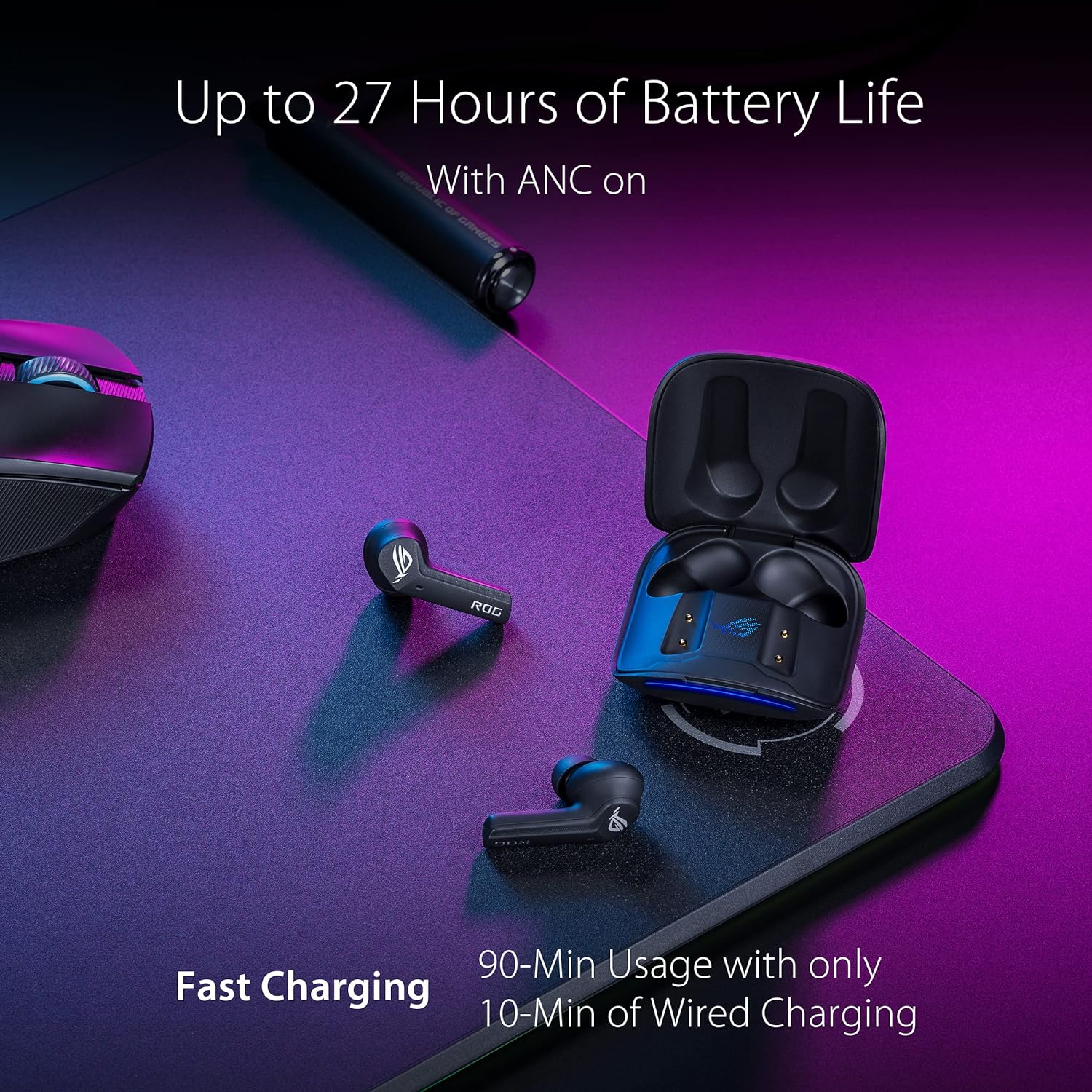 ASUS ROG Cetra True Wireless - Wireless Gaming Earbuds with Low Latency Connection, ANC, up to 27 Hours of Battery thanks to its integrated charging case, IPX4 water resistance.