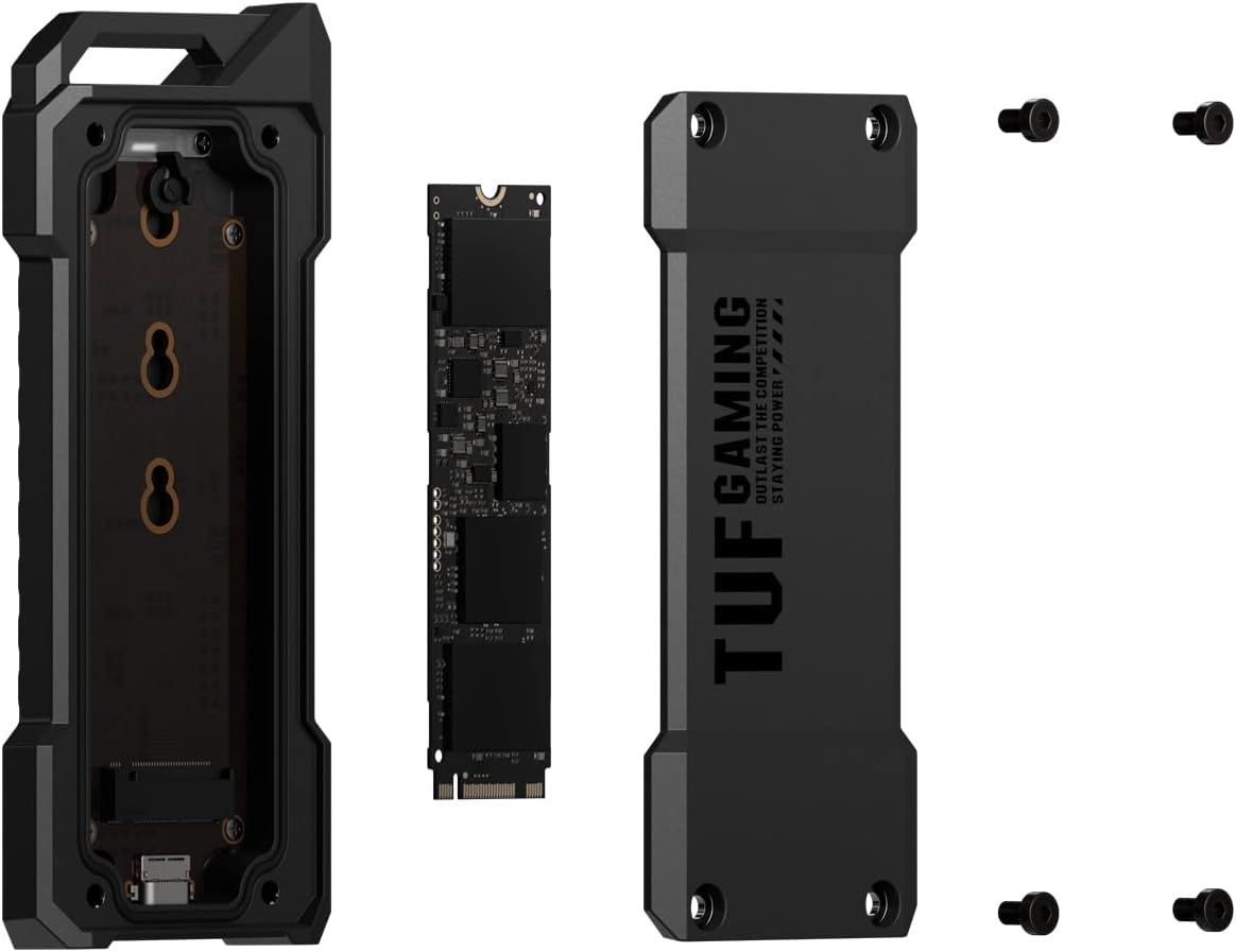 ASUS TUF Gaming A1—USB-C 3.2 Gen 2x1 SSD enclosure(SSD case), dual M.2 NVMe PCIe and SATA interfaces, M.2 Q-Latch for easy installation, MIL-STD-810H drop resistance, IP68 water and dust resistance
