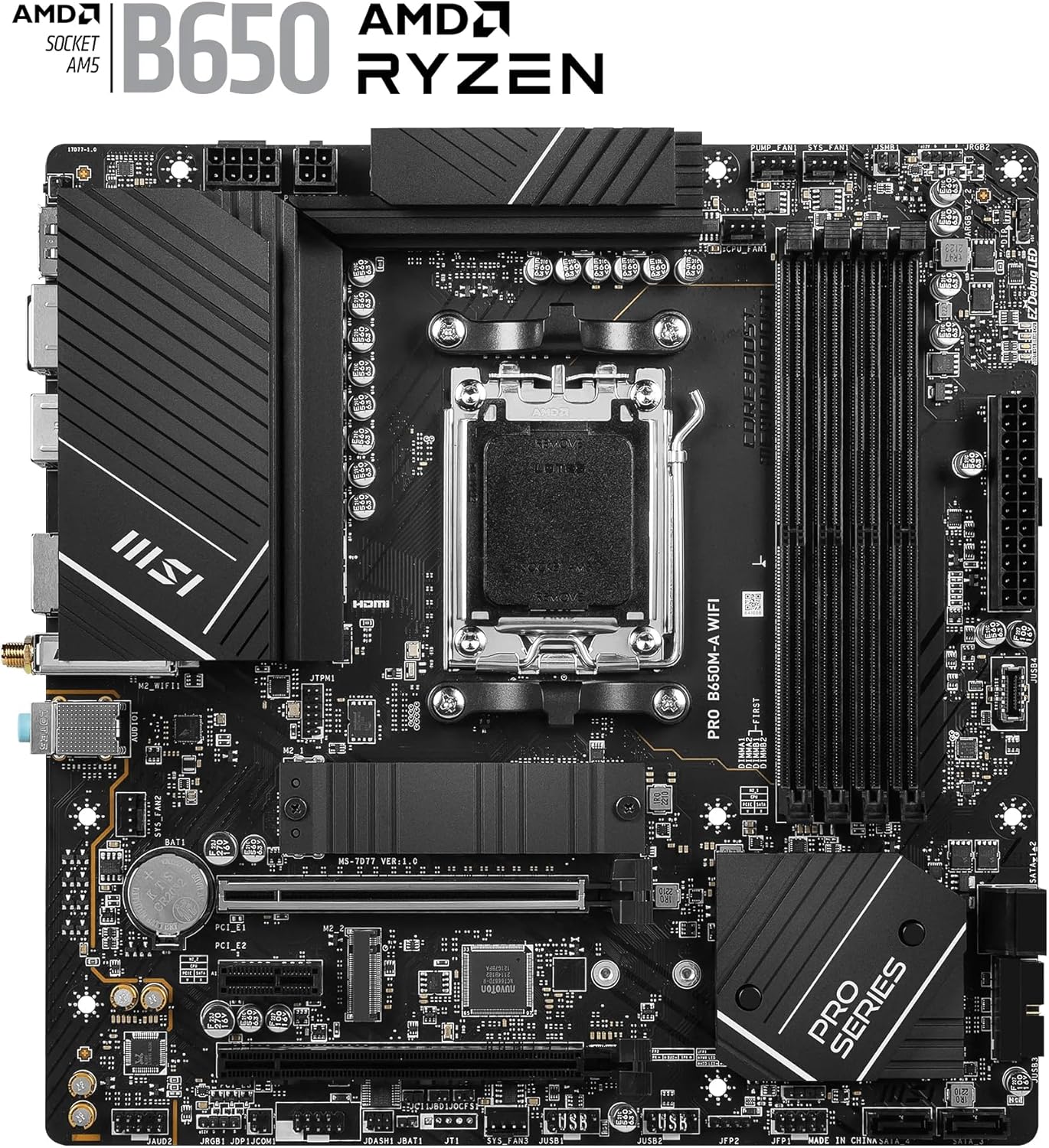 MSI PRO B650M-A WiFi Motherboard, Micro-ATX - Supports AMD Ryzen 7000 Series Processors, AM5-12 Duet Rail 80A VRM, DDR5 Memory Boost 6400+MHz/OC, 2 x PCIe 4.0 x16, 2 x M.0 2 Gen4, Wi-Fi 6E