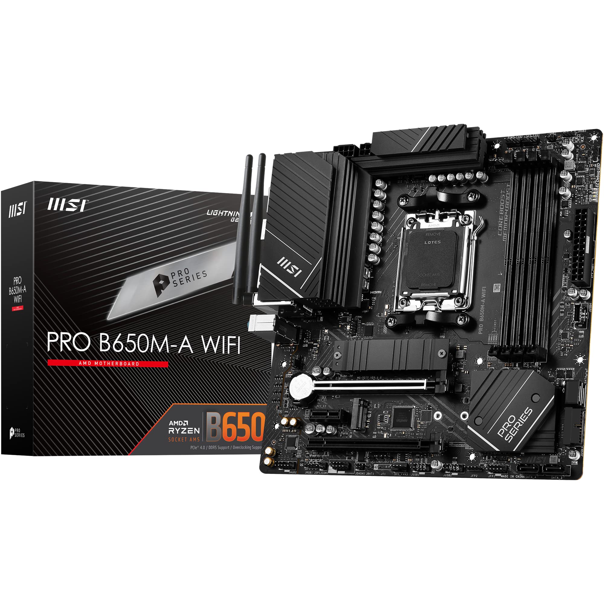 MSI PRO B650M-A WiFi Motherboard, Micro-ATX - Supports AMD Ryzen 7000 Series Processors, AM5-12 Duet Rail 80A VRM, DDR5 Memory Boost 6400+MHz/OC, 2 x PCIe 4.0 x16, 2 x M.0 2 Gen4, Wi-Fi 6E