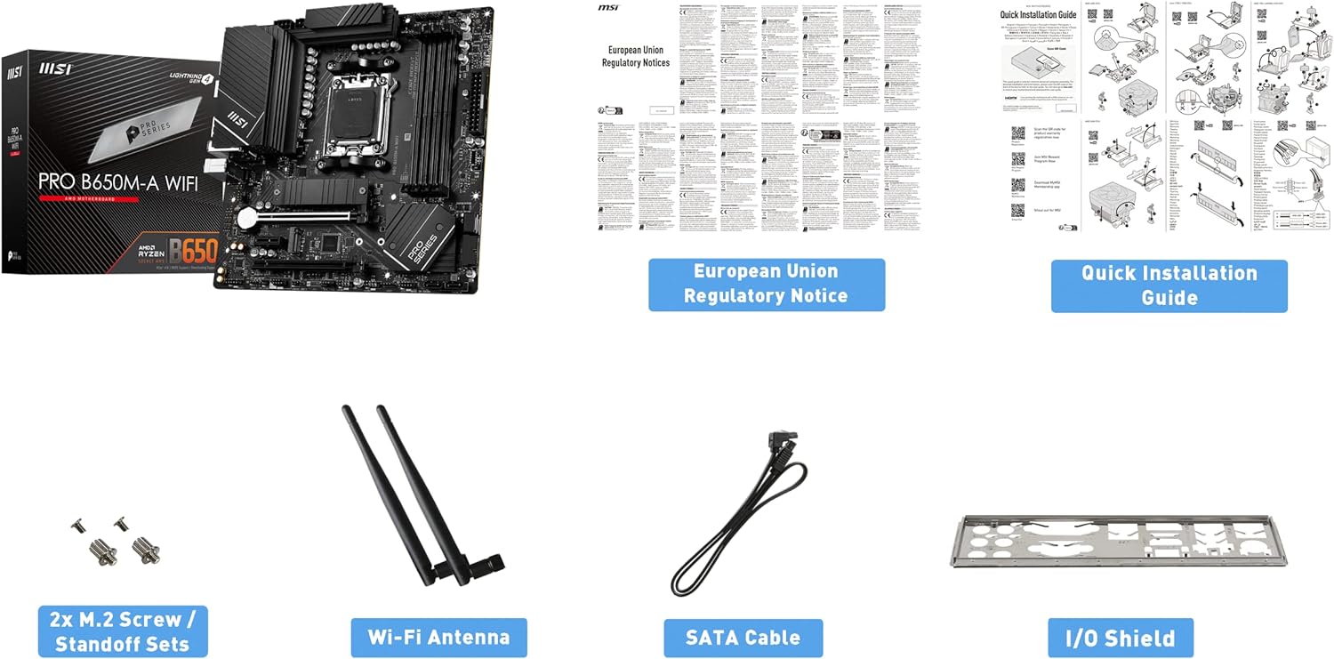 MSI PRO B650M-A WiFi Motherboard, Micro-ATX - Supports AMD Ryzen 7000 Series Processors, AM5-12 Duet Rail 80A VRM, DDR5 Memory Boost 6400+MHz/OC, 2 x PCIe 4.0 x16, 2 x M.0 2 Gen4, Wi-Fi 6E